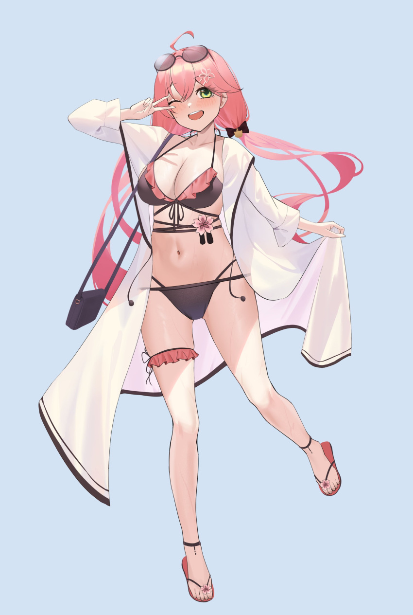 1girl absurdres bag bangs bikini black_bikini blue_background coat eyewear_on_head flip-flops full_body green_eyes highres hololive jmao long_hair long_sleeves looking_at_viewer navel one_eye_closed pink_hair sakura_miko sandals shoulder_bag simple_background sunglasses swimsuit toes twintails v virtual_youtuber white_coat