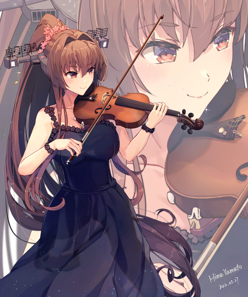 1girl alternate_costume artist_name black_dress bow_(music) breasts brown_eyes brown_hair dated dress eyebrows_visible_through_hair hair_between_eyes hair_intakes headgear highres himeyamato holding instrument kantai_collection large_breasts long_hair music playing_instrument smile very_long_hair violin yamato_(kancolle) zoom_layer