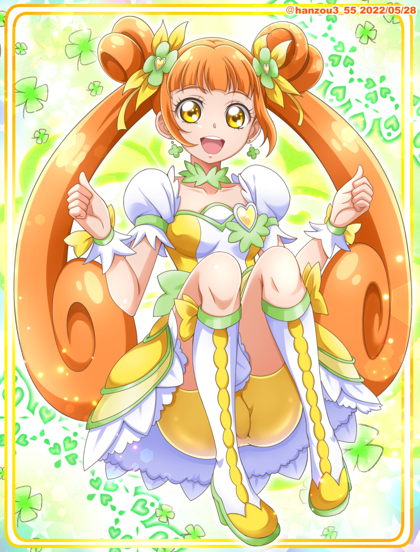 1girl bike_shorts boots bow breasts brooch brown_hair choker clover_earrings clover_hair_ornament clover_print collarbone cure_rosetta dokidoki!_precure double_bun dress green_background green_choker hair_ornament hanzou heart_brooch highres jewelry long_hair looking_at_viewer open_mouth precure puffy_short_sleeves puffy_sleeves short_sleeves sitting small_breasts smile solo twitter_username two-tone_background very_long_hair waist_bow white_dress white_footwear wrist_cuffs yellow_dress yellow_eyes yotsuba_alice