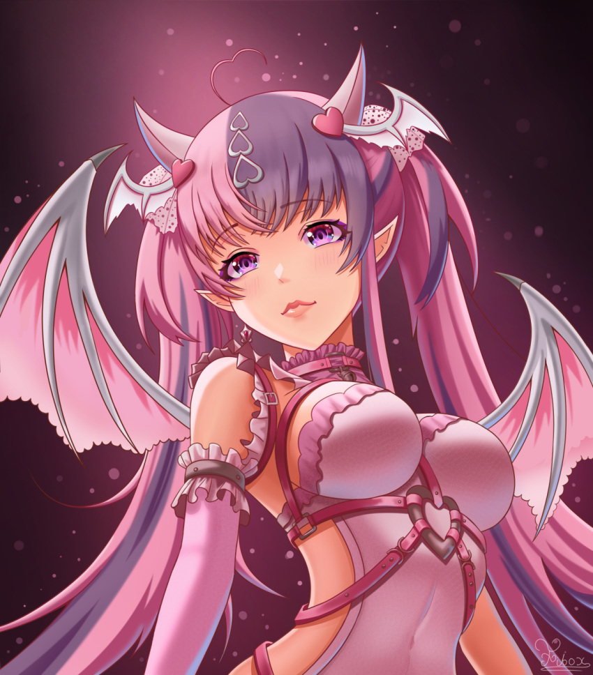 1girl artist_name backless_outfit breasts choker demon_girl demon_horns demon_tail demon_wings dress elbow_gloves eyebrows_visible_through_hair fibox frilled_choker frills gloves hair_ornament head_wings heart heart_hair_ornament highres horns ironmouse long_hair looking_at_viewer medium_breasts multicolored_hair pink_hair pointy_ears purple_hair smile streaked_hair tail twintails virtual_youtuber vshojo white_dress white_gloves wings