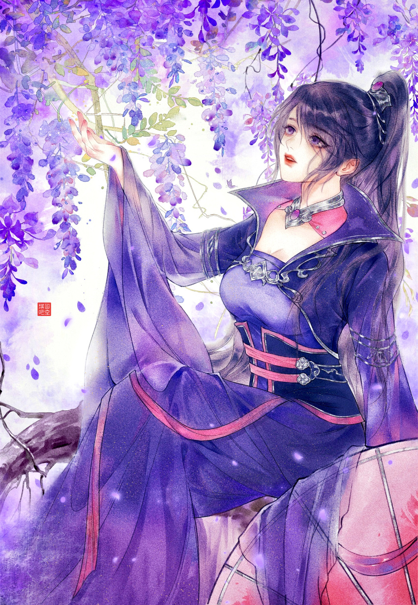 1girl absurdres arm_up brown_hair dress flower hair_ornament highres hua_jianghu_zhi_bei_mo_ting long_sleeves looking_up open_mouth outstretched_hand ponytail purple_dress roots sash si_kongqi_(hua_jianghu_zhi_bei_mo_ting) si_kongqi_zhuye solo umbrella upper_body wisteria