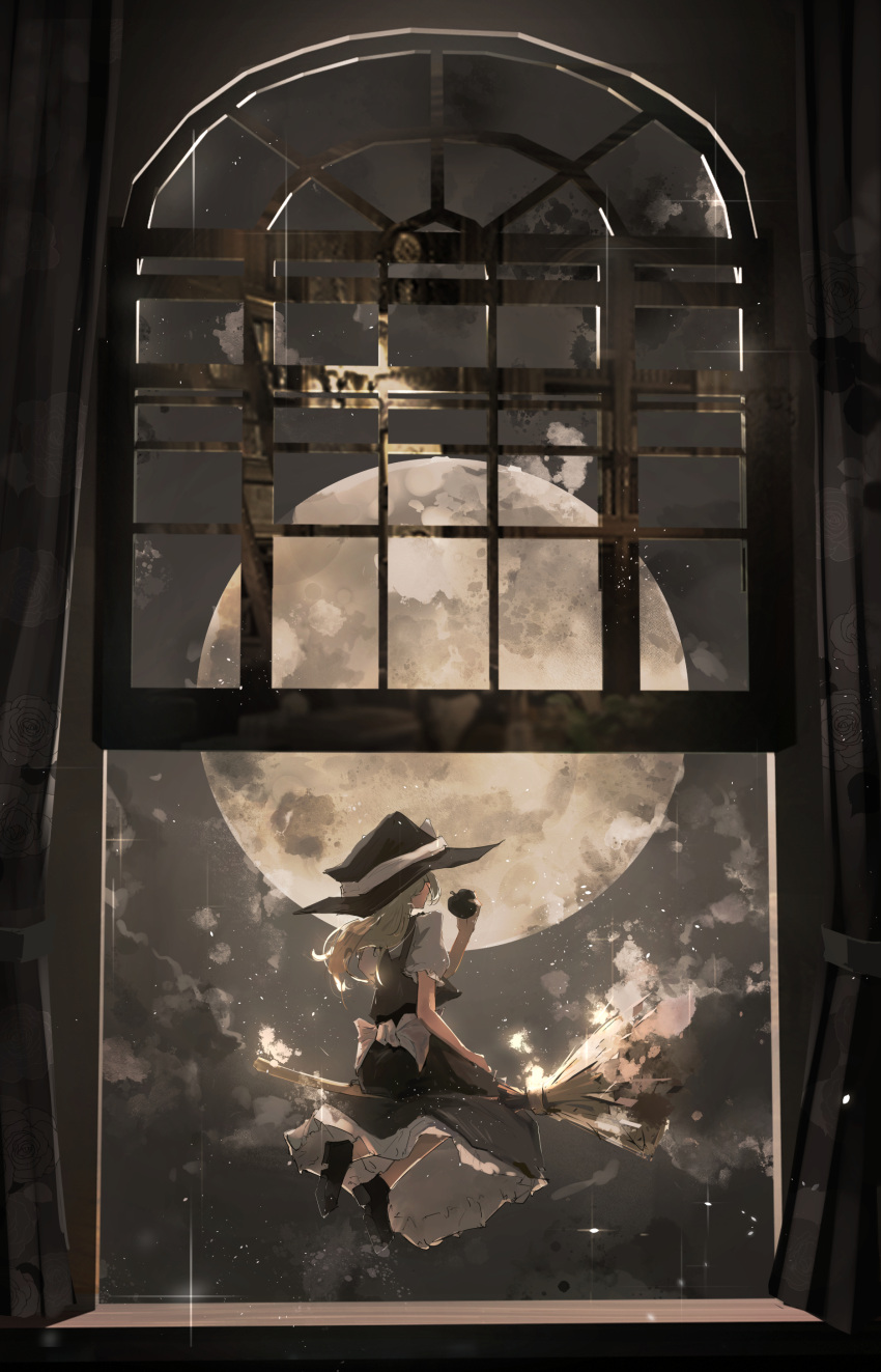 1girl absurdres aimu_(hwfdx) apple black_footwear black_headwear black_skirt black_vest blonde_hair bow broom broom_riding clouds commentary curtains facing_away floral_print food frilled_skirt frills fruit full_moon hand_up hat highres holding holding_food holding_fruit kirisame_marisa long_hair moon night night_sky open_window puffy_short_sleeves puffy_sleeves rose_print shirt shoes short_sleeves skirt skirt_set sky solo sparkle touhou vest waist_bow white_bow white_shirt wide_shot window