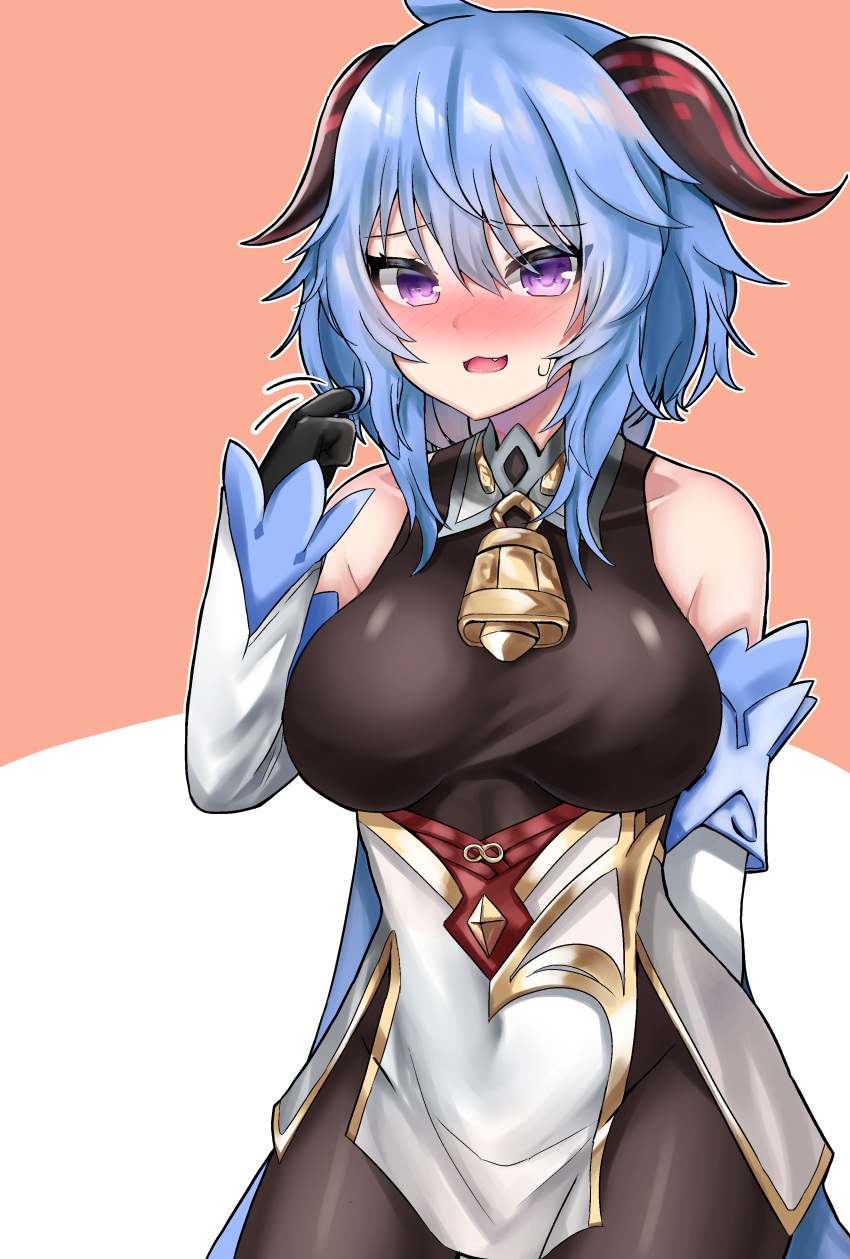 1girl absurdres ahoge bangs bare_shoulders bell black_legwear blue_hair blush breasts covered_navel detached_sleeves eyebrows_visible_through_hair ganyu_(genshin_impact) genshin_impact gold_trim highres horns large_breasts long_hair looking_at_viewer neck_bell nose_blush sidelocks smile solo standing sweatdrop tist violet_eyes wavy_mouth white_sleeves