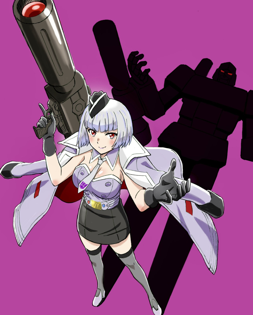 1boy 1girl arm_cannon bangs black_gloves black_headwear black_skirt blue_hair boots cannon clenched_hand commentary_request crop_top cropped_jacket decepticon detached_collar double_bun english_commentary fingerless_gloves frown genderswap genderswap_(mtf) gloves grey_footwear grey_hair gun high_heels highres holding holding_gun holding_weapon index_finger_raised jacket jacket_on_shoulders jewelry komagoma kotobukiya_bishoujo leotard looking_up megatron megatron_(kotobukiya_bishoujo) military military_uniform necklace necktie parody personification pink_background pinky_out red_eyes shadow short_hair shorts sketch skirt smile thigh-highs thighs transformers uniform weapon white_jacket white_leotard white_necktie