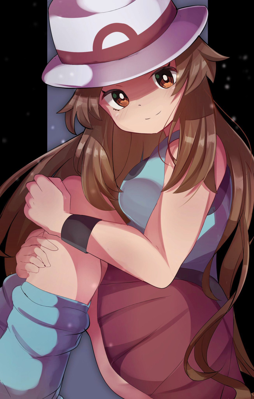 1girl black_wristband brown_eyes brown_hair hat highres holding_leg leaf_(pokemon) long_hair looking_at_viewer pokemon pokemon_(game) pokemon_frlg red_skirt shirt skirt sleeveless sleeveless_shirt smile socks solo umiru white_headwear wristband