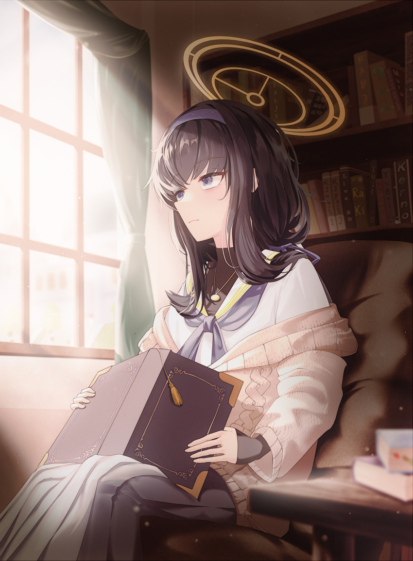 1girl absurdres black_hair black_undershirt blue_archive blue_eyes blue_hairband blue_neckerchief book cardigan hairband halo highres holding holding_book hyin indoors long_skirt long_sleeves looking_away low_twintails neckerchief off_shoulder open_cardigan open_clothes pleated_skirt sailor_collar school_uniform serafuku sidelocks skirt solo twintails ui_(blue_archive) white_serafuku