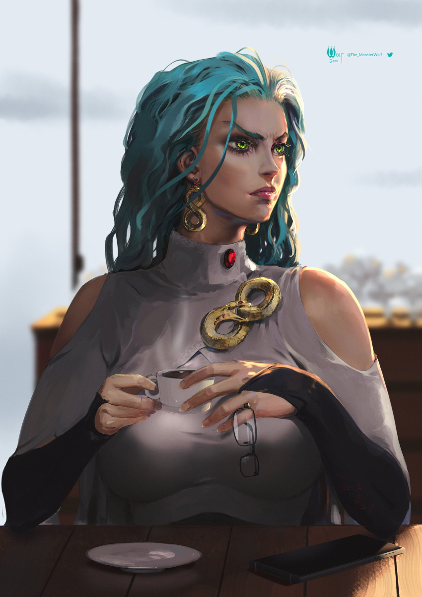 absurdres aqua_hair breasts bridal_gauntlets cellphone clothing_cutout coffee cup earrings eyewear_removed glasses green_eyes hair_slicked_back highres jewelry lips long_hair looking_to_the_side medium_breasts monster_wolf nose one-punch_man ouroboros phone psychos serious shoulder_cutout sitting smartphone upper_body