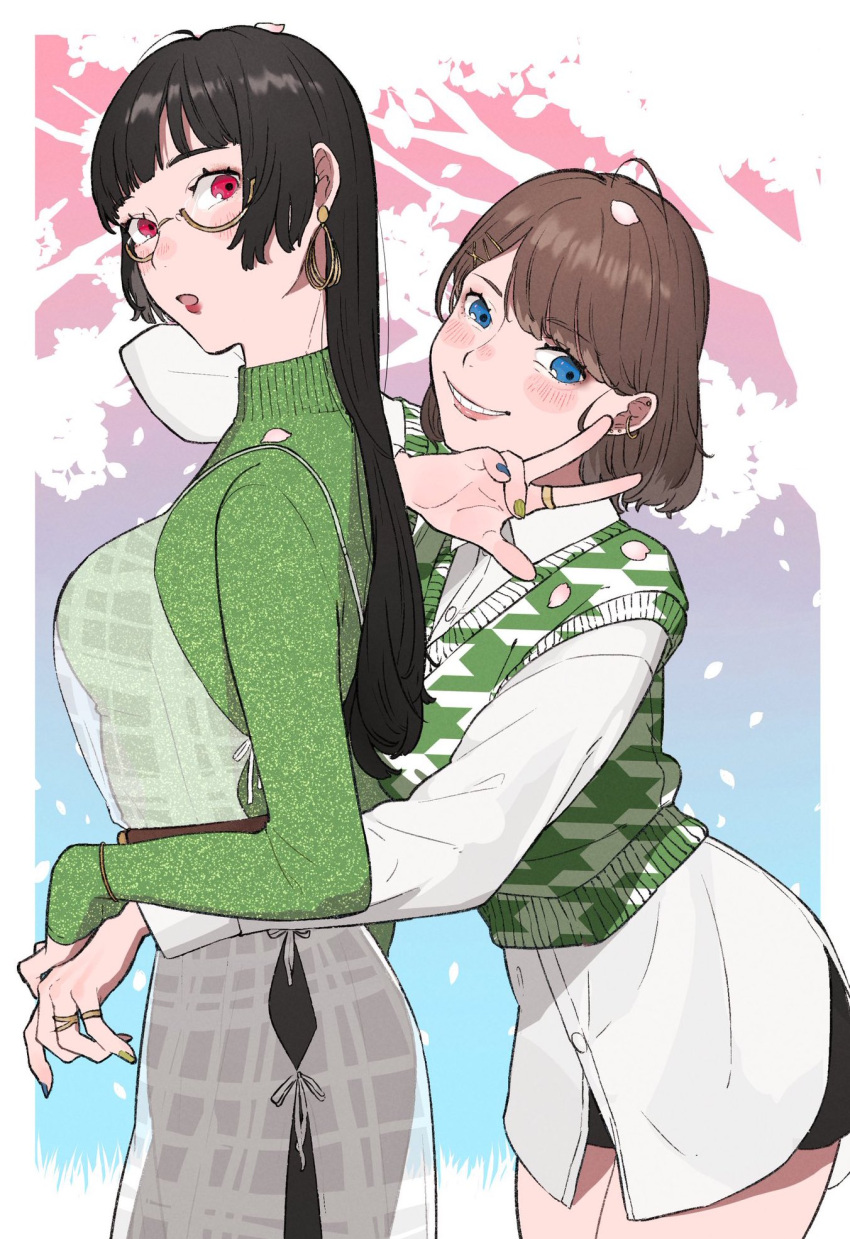 2girls :o alternate_costume bangs black_hair blue_nails blush breasts brown_hair choukai_(kancolle) dress_shirt earrings eyebrows_visible_through_hair glasses green_nails green_sweater grin hair_ornament hairclip highres jewelry kantai_collection long_hair long_sleeves looking_at_viewer makeup maya_(kancolle) multicolored_nails multiple_girls nail_polish parted_lips red_eyes ring shirt short_hair simple_background smile sukekiyo_(skky_0) sweater sweater_vest w white_shirt