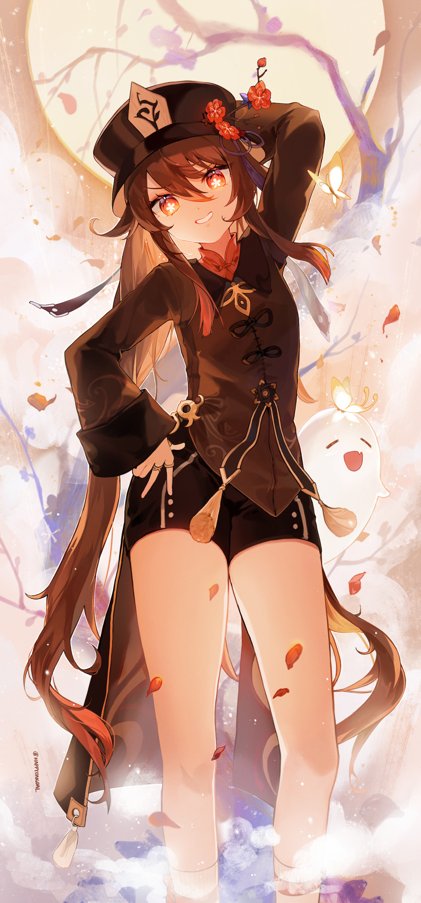 1girl absurdres arm_up brown_hair chinese_clothes closed_eyes flower full_body genshin_impact ghost hand_on_hip happyongdal hat hat_flower highres hu_tao_(genshin_impact) jewelry legs long_sleeves looking_at_viewer open_mouth petals pose red_eyes ring short_shorts shorts smile solo standing symbol-shaped_pupils thighs top_hat tree twintails