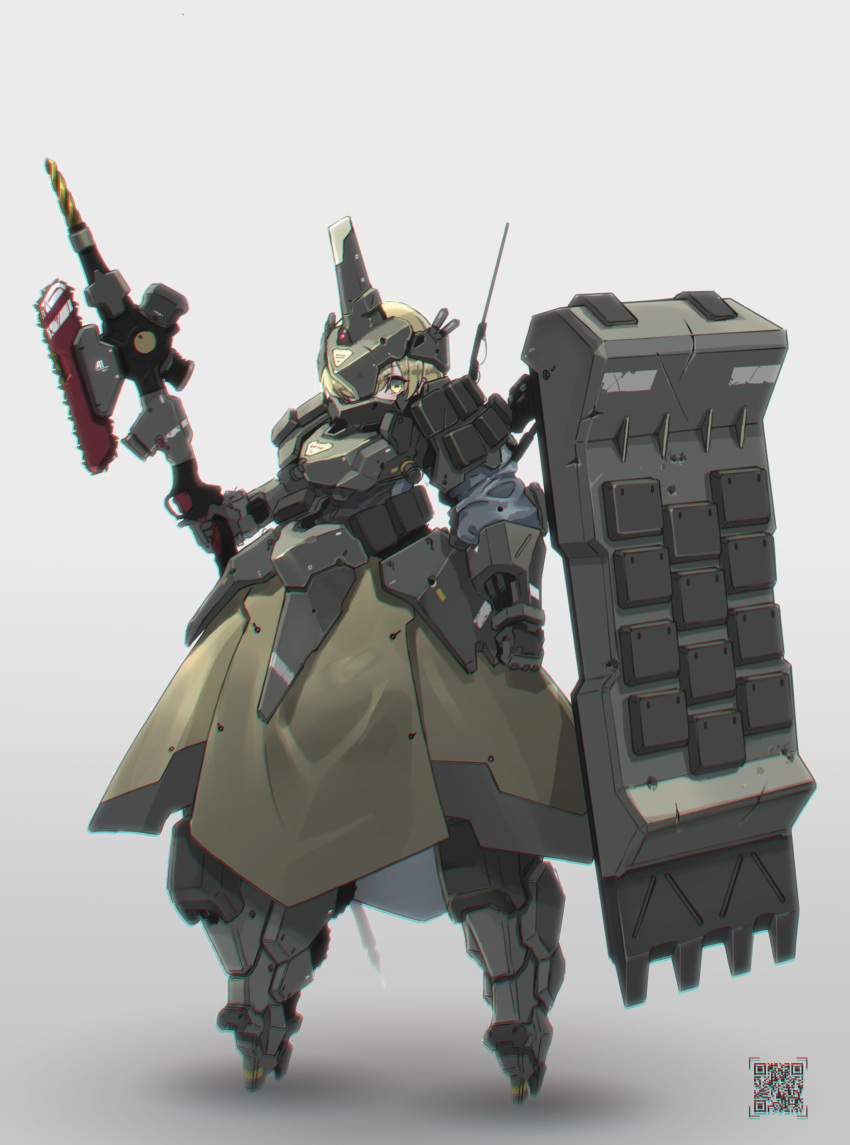 1girl absurdres antennae armor armored_dress blonde_hair breastplate brown_dress chainsaw chromatic_aberration clenched_hand dress drill eyebrows_visible_through_hair gauntlets green_eyes hair_over_one_eye helmet highres holding holding_polearm holding_weapon mecha_musume oota_youjo original pauldrons polearm qr_code scratches shield short_hair shoulder_armor solo standing weapon