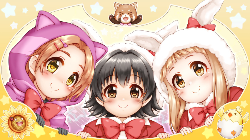 3girls akagi_miria animal animal_ears animal_hood bangs beamed_eighth_notes black_gloves black_hair blush bow brown_background brown_eyes brown_hair cat_ears cat_hair_ornament closed_mouth commentary_request ear_bow eyebrows_visible_through_hair fake_animal_ears forehead gloves hair_between_eyes hair_ornament hairclip highres hood hood_up ichihara_nina idolmaster idolmaster_cinderella_girls jacket long_sleeves looking_at_viewer multiple_girls musical_note open_clothes open_jacket rabbit_ears raccoon red_bow red_jacket regular_mow revision ryuzaki_kaoru sleeves_past_wrists smile starry_background thick_eyebrows upper_body