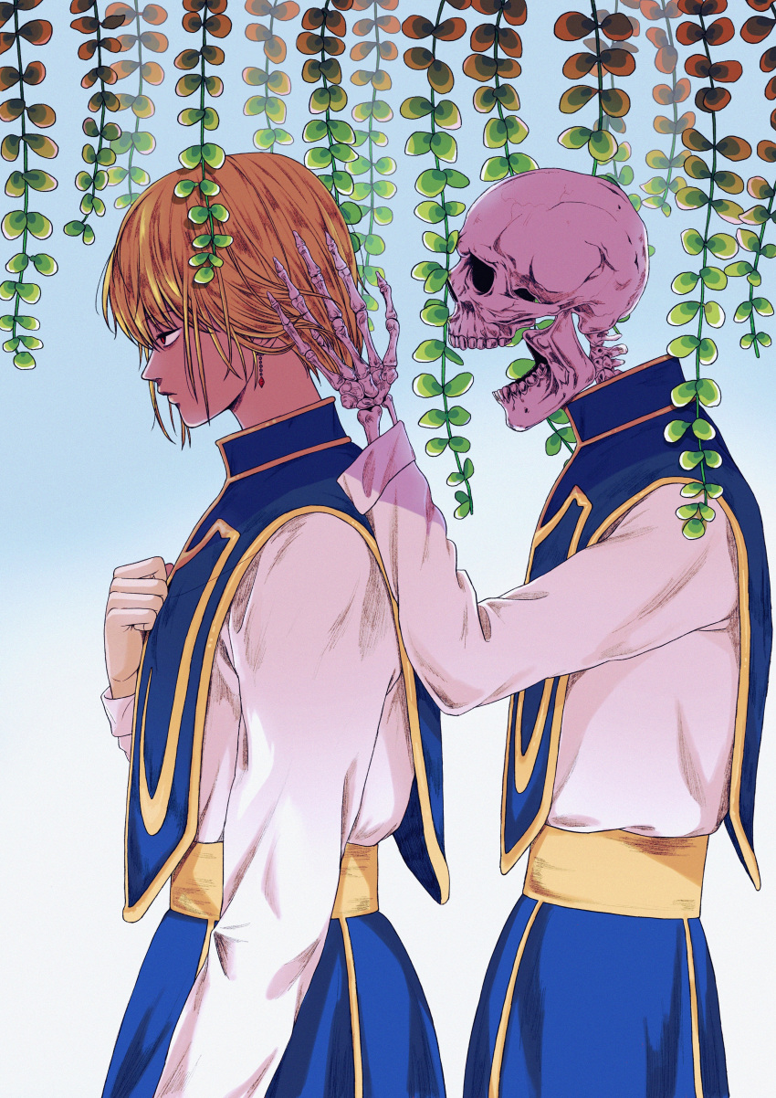 1boy absurdres blonde_hair earrings eyebrows_visible_through_hair from_side gradient gradient_background hand_up highres hunter_x_hunter jewelry kurapika long_sleeves ohmilkt open_mouth plant profile red_eyes shadow short_hair skeleton upper_body
