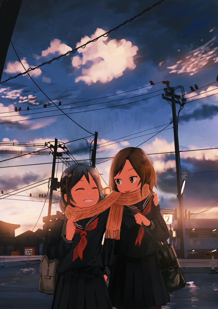 2girls ^_^ absurdres bag bangs bird black_sailor_collar black_serafuku black_skirt blue_eyes blue_hair blue_sky brown_hair brown_scarf checkered_clothes checkered_scarf closed_eyes clouds cloudy_sky commentary convenience_store english_commentary evening facing_another film_grain fringe_trim grin guard_rail hand_on_another's_shoulder hand_up highres holding holding_bag inami_hatoko long_sleeves looking_at_another mixed-language_commentary multiple_girls neckerchief original outdoors parted_bangs parted_lips pleated_skirt power_lines railing red_neckerchief sailor_collar scarf school_bag school_uniform serafuku shared_clothes shared_scarf shop shoulder_bag skirt sky smile teeth utility_pole vending_machine yuri