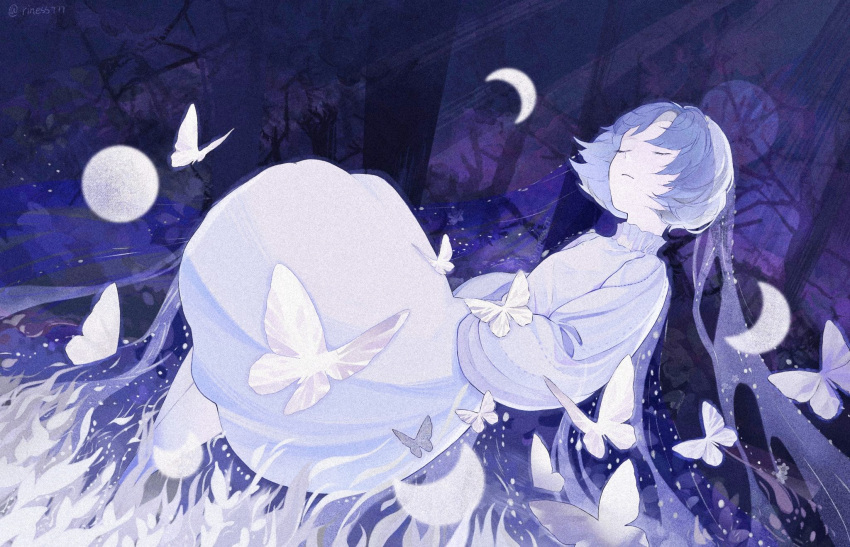 1girl animal bare_tree blue_hair bug butterfly cirrika closed_eyes closed_mouth colored_skin crescent_moon dress forest grass grey_dress highres moon nature original see-through short_hair tree turtleneck twitter_username veil white_butterfly white_skin