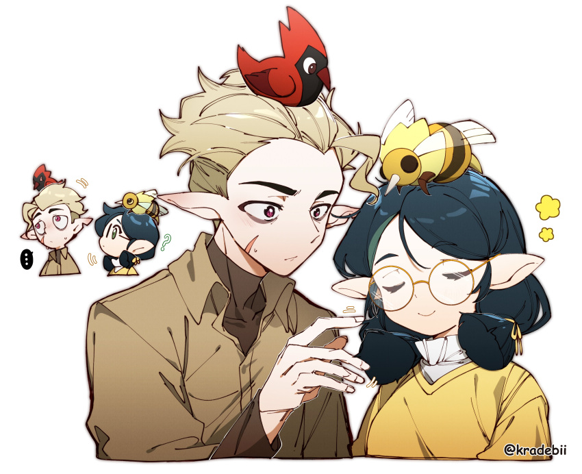 ... 1boy 1girl ? absurdres ahoge animal_on_head bee bird blonde_hair bug closed_eyes clover_(the_owl_house) flapjack_(the_owl_house) glasses highres hunter_(the_owl_house) insect_wings kradebii multicolored_hair on_head pointy_ears round_eyewear scar scar_on_face simple_background smile stinger streaked_hair the_owl_house twintails willow_park wings