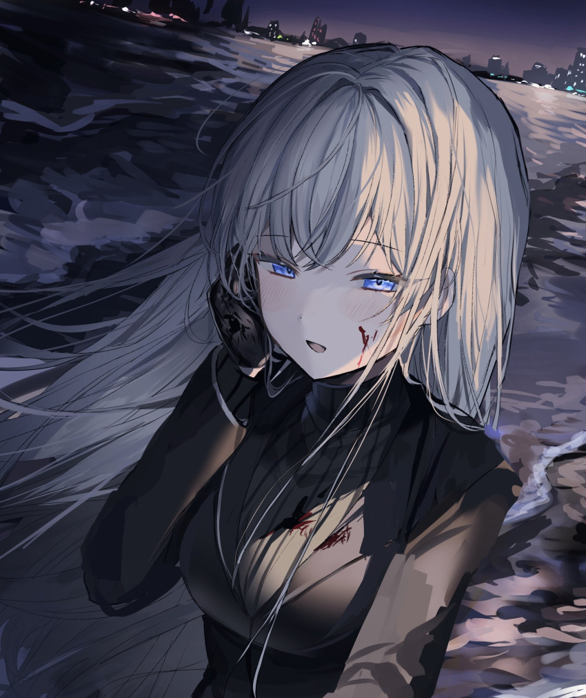 1girl absurdres angelica_(library_of_ruina) bangs black_gloves black_jacket black_sweater blood blood_on_clothes blood_on_face blue_eyes blush breasts building eyebrows_visible_through_hair gloves grey_hair hair_between_eyes hand_on_own_face highres inudogsaikou jacket large_breasts library_of_ruina long_hair looking_at_viewer night outdoors parted_lips project_moon ribbed_sweater solo sweater turtleneck turtleneck_sweater upper_body water