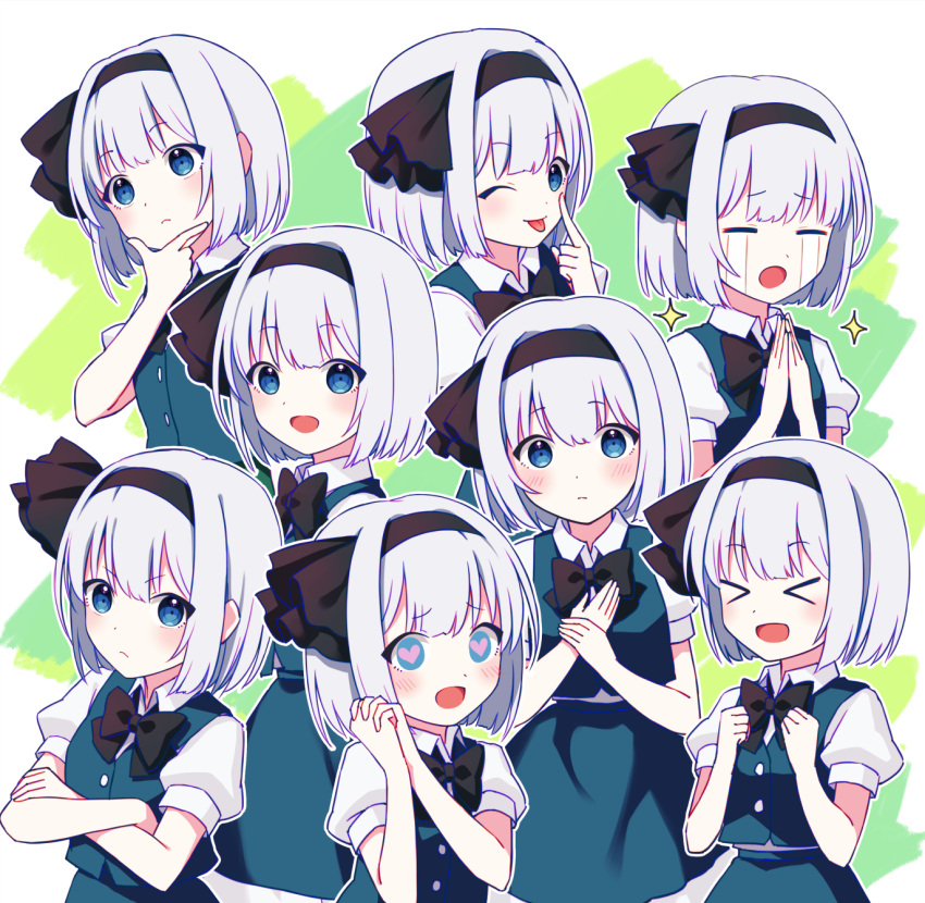 &gt;_&lt; 1girl black_hairband black_ribbon blue_eyes blush buttons closed_eyes collared_shirt crossed_arms crying eyebrows_visible_through_hair green_skirt green_vest hair_ribbon hairband heart highres konpaku_youmu multiple_views one_eye_closed open_mouth puffy_short_sleeves puffy_sleeves ribbon shirt short_hair short_sleeves skirt smile sparkle suzuno_naru tongue tongue_out touhou vest white_hair white_shirt