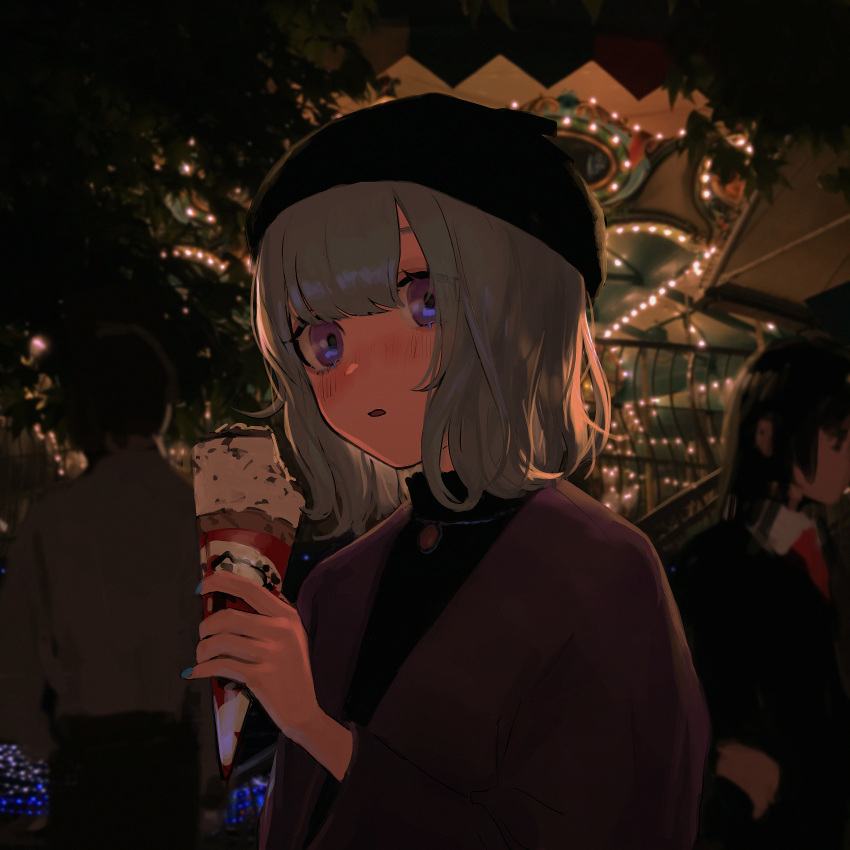 1boy 2girls absurdres amusement_park bangs black_hair black_headwear blush commentary_request food grey_hair highres holding ice_cream ice_cream_cone jewelry k1llg long_sleeves multiple_girls necklace night original parted_lips shirt short_hair solo_focus tree upper_body violet_eyes