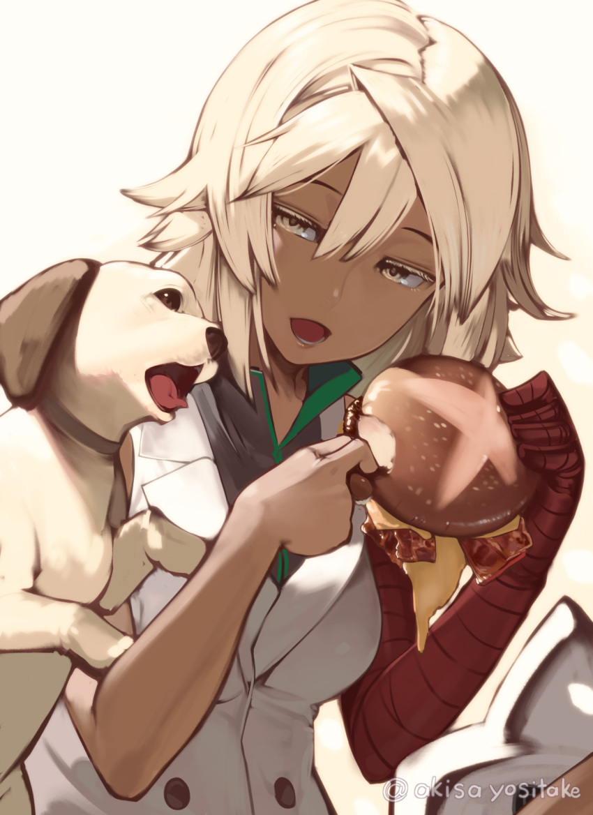 1girl akisa_(12023648) animal blonde_hair burger dog food guilty_gear guilty_gear_strive hair_between_eyes highres holding holding_food looking_at_animal no_hat no_headwear open_mouth ramlethal_valentine simple_background twitter_username yellow_background yellow_eyes