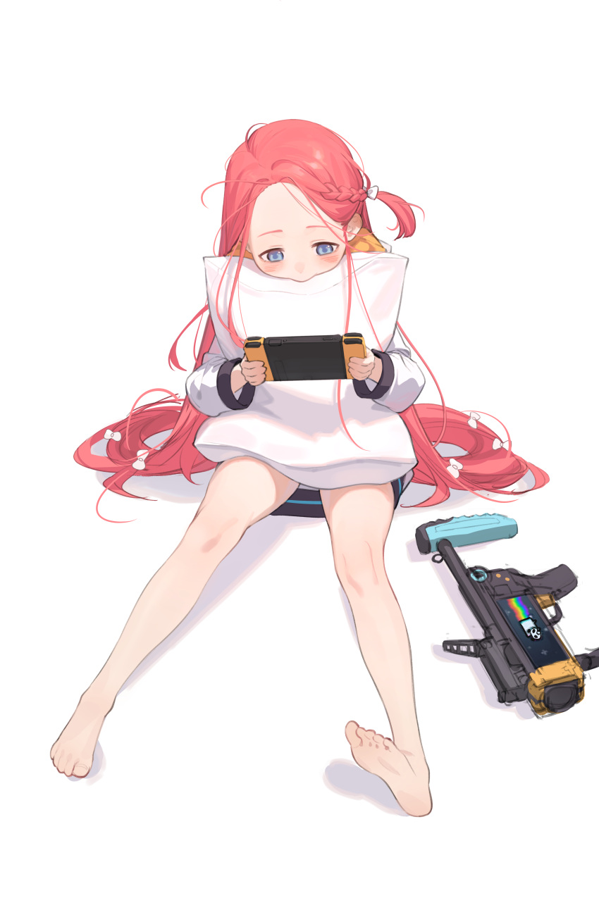 1girl absurdres bangs bare_legs barefoot blue_archive blue_eyes blush bow braid fei_mao forehead full_body grenade_launcher hair_bow handheld_game_console highres long_hair m320 multiple_hair_bows one_side_up parted_bangs pillow playing_games redhead simple_background sitting solo toes very_long_hair weapon white_background yuzu_(blue_archive)