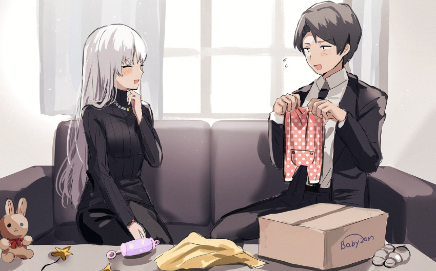 1boy 1girl bangs black_hair black_jacket black_necktie black_pants black_sweater blush box breasts cardboard_box couch curtains eyebrows_visible_through_hair flying_sweatdrops hetero highres holding inudogsaikou jacket jewelry library_of_ruina long_hair medium_breasts necklace necktie open_clothes open_jacket pants project_moon rattle ribbed_sweater roland_(library_of_ruina) sitting stuffed_animal stuffed_bunny stuffed_toy sweat sweater very_long_hair white_hair window