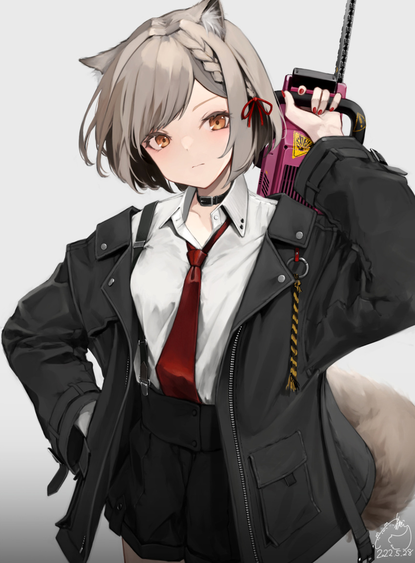 1girl animal_ear_fluff animal_ears bangs black_jacket black_shorts braid brown_hair cat_ears cat_girl cat_tail closed_mouth coat collar collared_shirt cowboy_shot dated hair_ribbon hand_in_pocket highres jacket long_sleeves looking_at_viewer mayogii nail_polish necktie open_clothes open_coat orange_eyes original red_nails red_necktie red_ribbon ribbon shirt short_hair shorts signature simple_background solo suspender_shorts suspenders swept_bangs tail unzipped white_background white_shirt