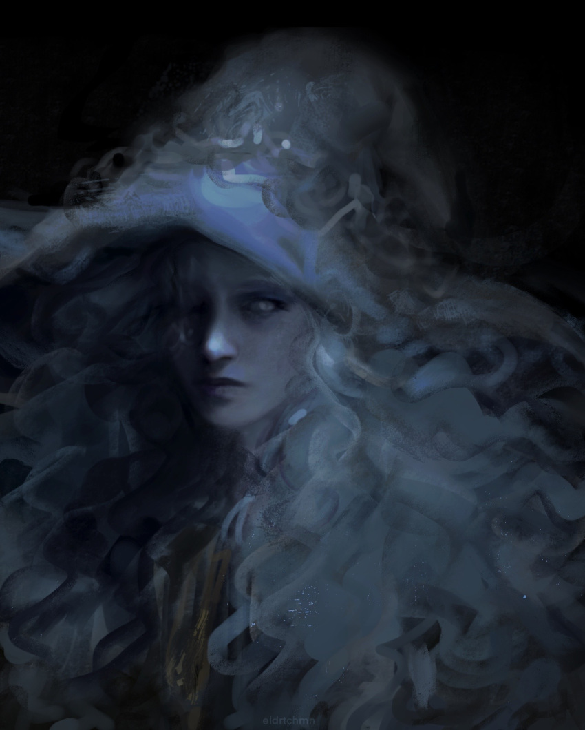1girl blue_eyes blue_hair blue_skin cloak colored_skin cracked_skin dress elden_ring eldrtchmoon hat highres long_hair looking_at_viewer one_eye_closed ranni_the_witch simple_background solo white_dress white_headwear witch witch_hat