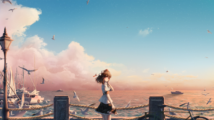 1girl adjusting_hair bird black_neckerchief black_skirt boat brown_eyes brown_hair closed_mouth clouds commentary dawn fasnakegod frilled_skirt frills from_behind hat highres lamppost looking_at_viewer looking_back medium_hair neckerchief ocean pom_pom_(clothes) puffy_short_sleeves puffy_sleeves red_headwear rope sailboat scenery seagull shameimaru_aya shirt short_sleeves skirt sky solo star_(sky) starry_sky tokin_hat touhou water watercraft white_shirt wide_shot