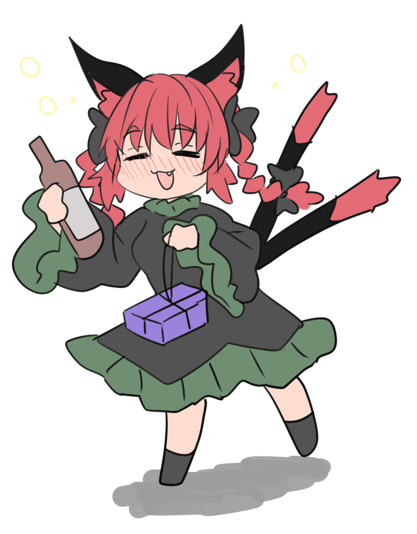 1girl :d =_= animal_ears blush bottle bow braid cat_ears cat_tail chups closed_eyes dress drunk eyebrows_visible_through_hair fang hair_bow highres holding holding_bottle kaenbyou_rin long_sleeves multiple_tails nekomata open_mouth redhead simple_background smile solo tail touhou twin_braids two_tails white_background