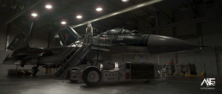 1girl absurdres aircraft airplane antares_cao black_dress blonde_hair commentary_request dress fighter_jet ground_vehicle halo highres indoors jet long_hair military military_vehicle missile motor_vehicle original solo stairs standing su-33 truck wide_shot