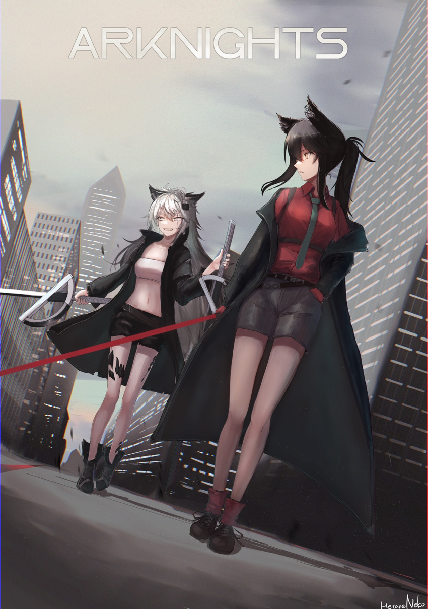 1girl animal_ears arknights bandeau bangs bare_legs black_coat black_footwear black_hair black_shorts city coat commentary gloves grey_eyes grey_necktie grin hair_ornament hairclip hetare_galm_sue highres holding holding_sword holding_weapon lappland_(arknights) long_hair long_sleeves midriff navel necktie off_shoulder open_clothes open_coat oripathy_lesion_(arknights) outdoors ponytail red_gloves red_shirt scar scar_across_eye shirt short_shorts shorts smile solo standing stomach strapless sword texas_(arknights) texas_(willpower)_(arknights) tube_top very_long_hair weapon white_hair wolf_ears