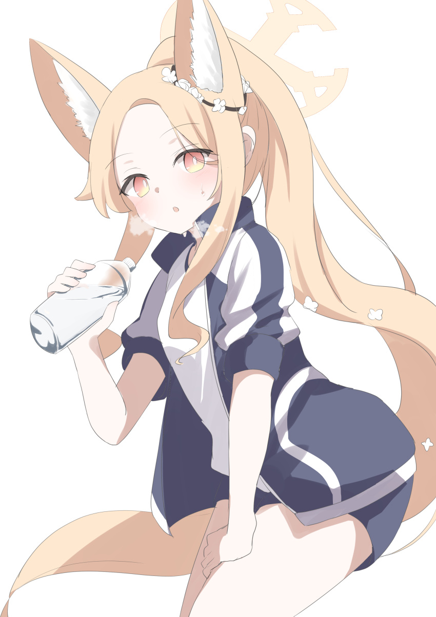 1girl absurdres alternate_costume alternate_hairstyle animal_ears blonde_hair blue_archive blush buruma fox_ears halo heavy_breathing highres ponytail seia_(blue_archive) simple_background solo sweat thigh-highs utyuueituu white_background yellow_eyes