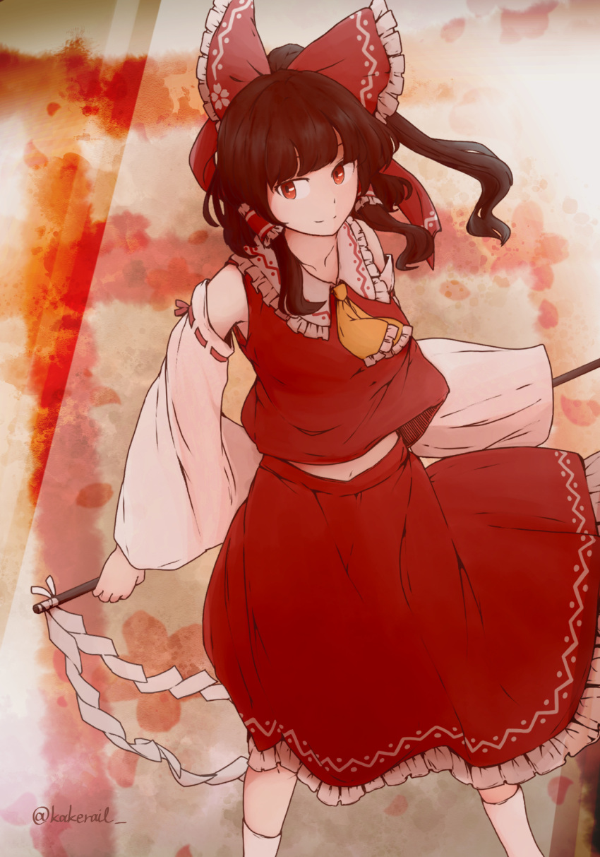 1girl artist_name ascot bow breasts brown_hair collarbone feet_out_of_frame frilled_bow frills from_behind hair_bow hair_tubes hakurei_reimu highres holding_gohei kakera_(comona_base) kneehighs long_hair looking_at_viewer medium_breasts midriff ponytail red_eyes red_ribbon red_shirt red_skirt ribbon ribbon-trimmed_sleeves ribbon_trim shide shirt sidelocks signature skirt sleeveless sleeveless_shirt smile solo touhou white_legwear white_sleeves wide_sleeves wind yellow_ascot