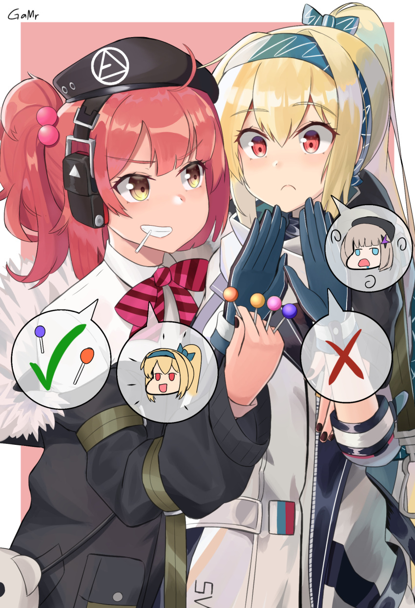 ahoge bangs beret black_gloves blonde_hair bow candy food fur-trimmed_hood fur-trimmed_jacket fur_trim gamryous girls_frontline gloves green_bow green_hairband green_ribbon hair_bow hair_ribbon hairband hat headphones highres holding holding_candy holding_food holding_lollipop hood jacket lollipop long_hair mod3_(girls'_frontline) mp7_(girls'_frontline) off_shoulder ponytail red_eyes redhead ribbon russian_flag scarf sv-98_(girls'_frontline) yellow_eyes