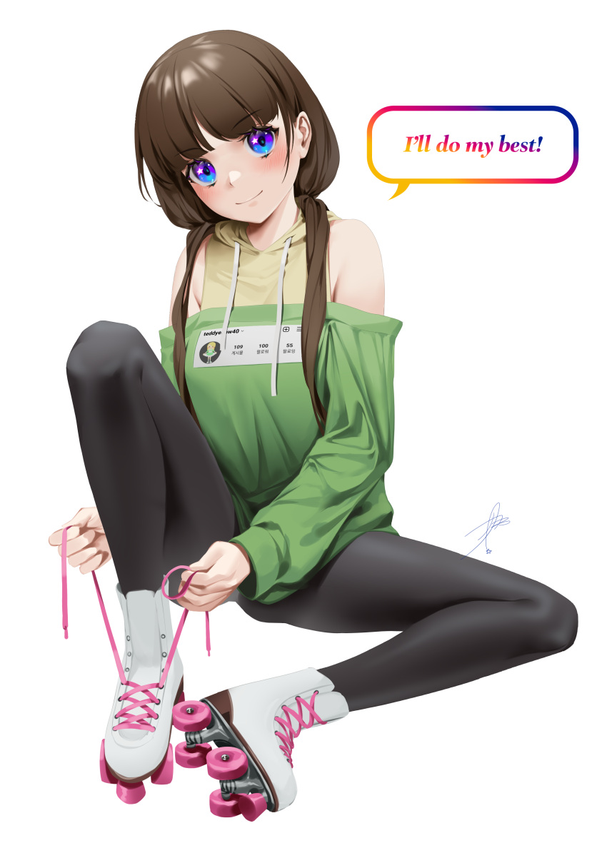1girl absurdres bangs bare_shoulders black_legwear blue_eyes blunt_bangs brown_hair closed_mouth eyebrows_visible_through_hair forehead full_body green_shirt green_sleeves highres hood hood_down long_bangs long_hair looking_at_viewer low_twintails mixed-language_commentary multicolored_eyes off-shoulder_shirt off_shoulder original parted_bangs roller_skates shirt signature simple_background sitting skates smile solo sparkling_eyes speech_bubble spread_legs teddyellow thighs twintails tying violet_eyes white_background