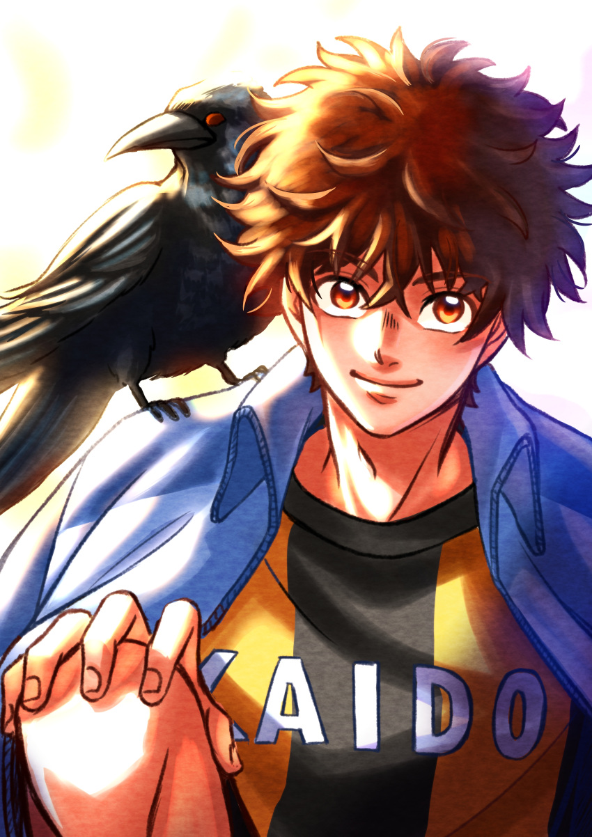 1boy absurdres animal_on_shoulder ao_ashi aoi_ashito bird bird_on_shoulder brown_eyes brown_hair crow hand_on_own_knee highres jacket jacket_on_shoulders looking_at_viewer male_focus maritakafuji messy_hair red_eyes smile soccer_uniform solo sportswear white_background