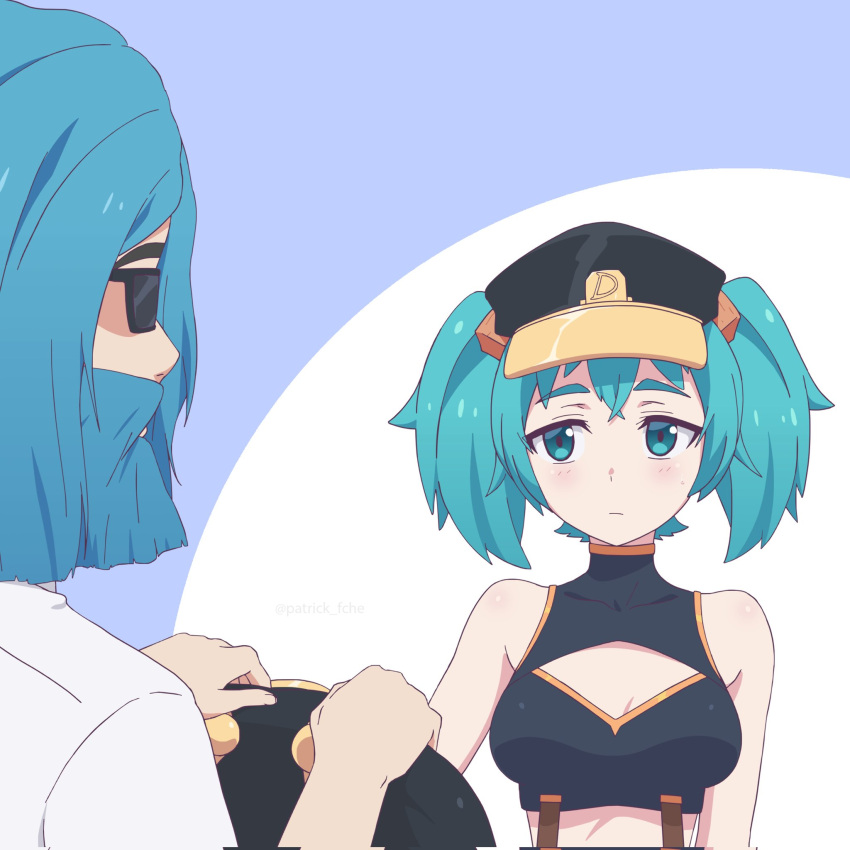 1boy 1girl aqua_eyes aqua_hair bare_arms bare_shoulders beard black_headwear black_shirt blue_hair blush breasts cleavage_cutout clothing_cutout commentary dracer_(vtuber) facial_hair hair_cubes hair_ornament hat highres holding holding_clothes holding_jacket indie_virtual_youtuber jacket looking_at_another medium_breasts medium_hair patrick_fche peaked_cap shirt sidelocks sideways_glance spanish_commentary sunglasses suspenders thedracergx twintails white_shirt