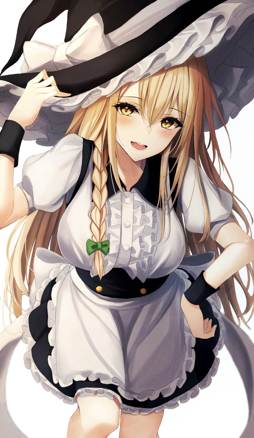 .me 1girl :d absurdres apron bangs black_headwear black_skirt blonde_hair blush bow braid breasts eyebrows_visible_through_hair feet_out_of_frame frilled_apron frills green_bow hair_between_eyes hand_on_hip hat hat_bow highres holding holding_clothes holding_hat kirisame_marisa leaning_forward long_hair looking_at_viewer open_mouth puffy_short_sleeves puffy_sleeves shirt short_sleeves skirt smile solo touhou very_long_hair waist_apron white_apron white_background white_bow white_shirt witch_hat wrist_cuffs yellow_eyes