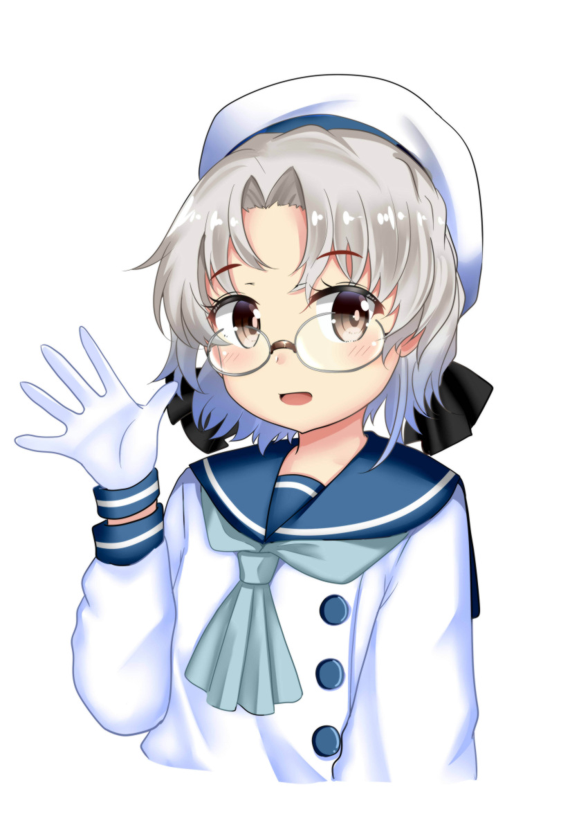 1girl absurdres blue_neckerchief blue_sailor_collar brown_eyes commentary_request cropped_torso glasses gloves grey_hair highres himura_moritaka hirato_(kancolle) kantai_collection long_sleeves looking_at_viewer neckerchief sailor_collar school_uniform serafuku short_hair simple_background solo upper_body waving wavy_hair white_gloves yellow_neckerchief