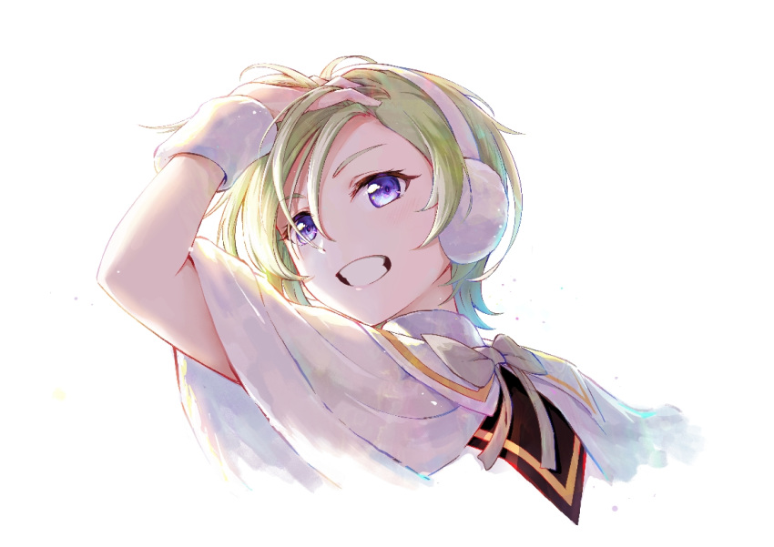 1girl blonde_hair colorful_dreams!_colorful_smiles!_(love_live!) earmuffs looking_at_viewer love_live! love_live!_nijigasaki_high_school_idol_club mia_taylor setsu_(qjsj1993aa) short_hair simple_background solo teeth violet_eyes white_background winter_clothes