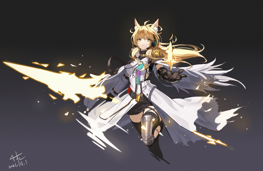 1girl absurdres animal_ear_fluff animal_ears arknights armor bangs belt black_belt black_gloves black_legwear blonde_hair breasts chinese_commentary commentary_request dress eyebrows_visible_through_hair gloves gradient gradient_background grey_background headset highres long_hair looking_at_viewer medium_breasts nearl_(arknights) nearl_the_radiant_knight_(arknights) originium_arts_(arknights) pauldrons qianben shoulder_armor solo thigh-highs white_dress yellow_eyes