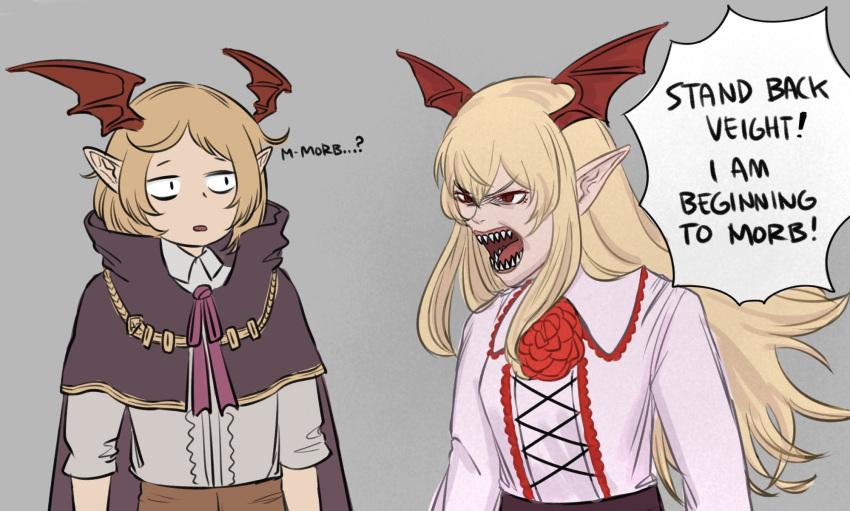 1boy 1girl bangs bat_wings blonde_hair capelet collared_shirt english_text frilled_shirt_collar frills granblue_fantasy grey_background grey_shirt head_wings highres it's_morbin'_time_(meme) long_hair marvel meme morbius_(film) open_mouth pink_shirt pointy_ears red_eyes sharp_teeth shirt shirt_tucked_in short_hair shrave sidelocks simple_background speech_bubble teeth upper_body vampy veight wings