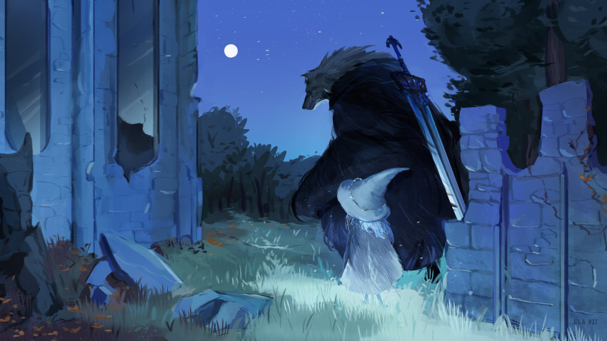 1boy 1girl absurdres armor artist_request blaidd_the_half-wolf blue_hair blue_skin brooch cape cloak colored_skin dress elden_ring extra_arms fur_cape fur_cloak furry furry_male gauntlets hat highres huge_weapon jewelry long_hair night ranni_the_witch sword weapon witch_hat wolf_boy