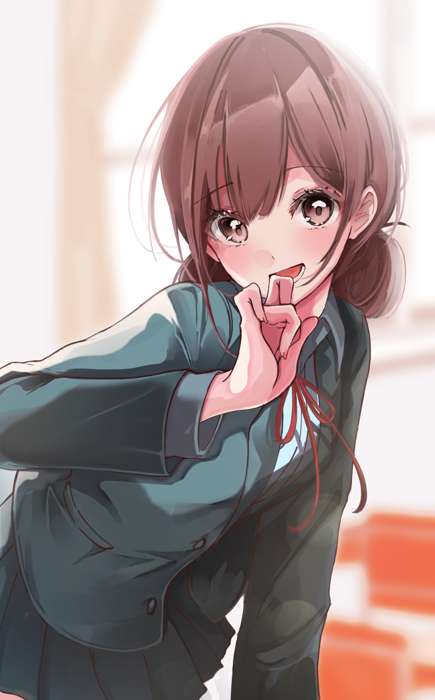 1girl absurdres ao_no_hako_(wsj) black_skirt blurry blurry_background brown_hair chono_hina hand_up highres indoors leaning_forward long_sleeves medium_hair mika_uni school_uniform skirt solo