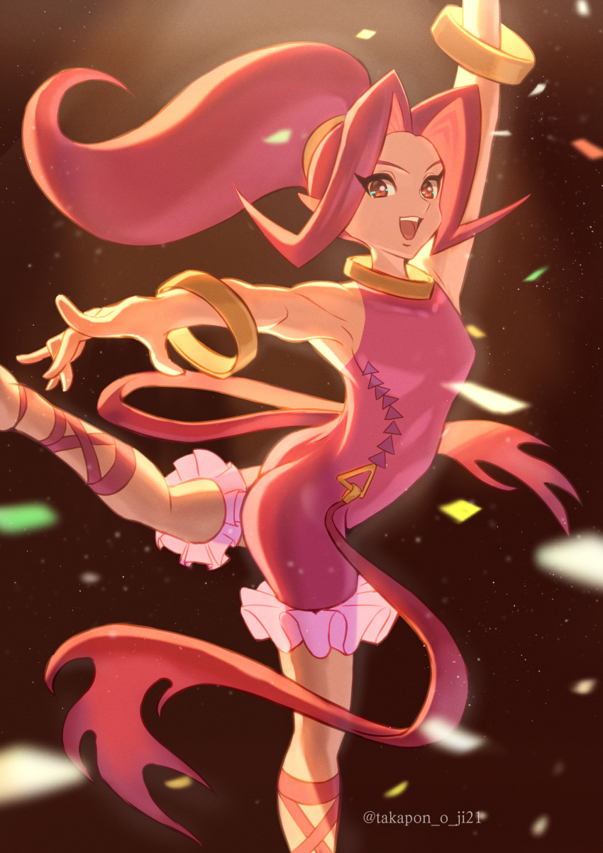 1girl absurdres bangs bracelet confetti dancing din highres jewelry leotard necklace open_mouth pointy_ears ponytail red_eyes red_leotard redhead smile takapon-o-ji the_legend_of_zelda the_legend_of_zelda:_oracle_of_seasons