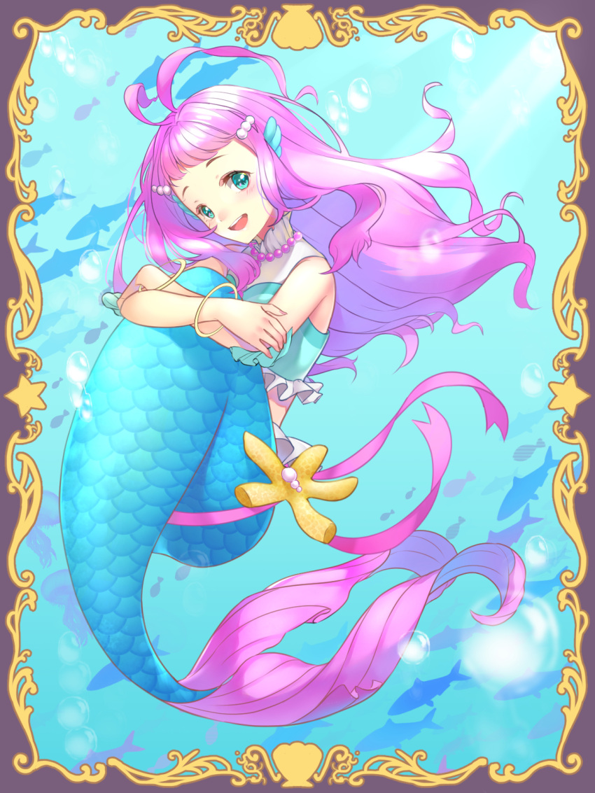 1girl :d air_bubble antenna_hair aqua_eyes bangle bead_necklace beads bracelet bubble collar commentary fetal_position fish framed full_body head_tilt highres hugging_own_legs jewelry laura_la_mer long_hair mermaid monster_girl necklace ocean open_mouth precure purple_hair short_bangs smile solo teeth tongue tropical-rouge!_precure turtleneck underwater upper_teeth user_mjrw5342 white_collar