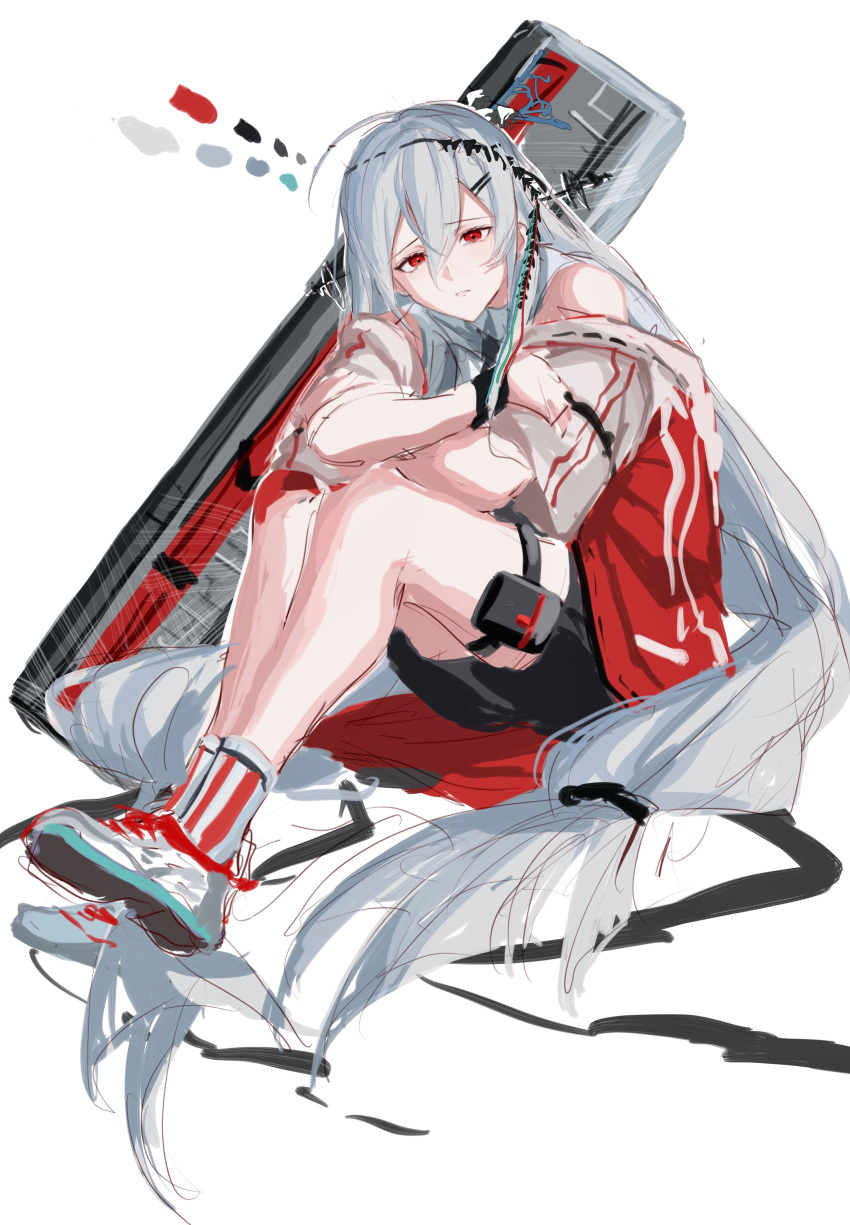 1girl absurdres ahoge alternate_costume arknights bangs bare_shoulders black_shorts casual eyebrows_visible_through_hair grey_footwear hair_between_eyes highres jacket long_hair looking_at_viewer low-tied_long_hair no_hat no_headwear off_shoulder pouch red_eyes shoes shorts simple_background sitting skadi_(arknights) skadi_the_corrupting_heart_(arknights) solo thigh_strap very_long_hair white_background white_hair zuo_daoxing