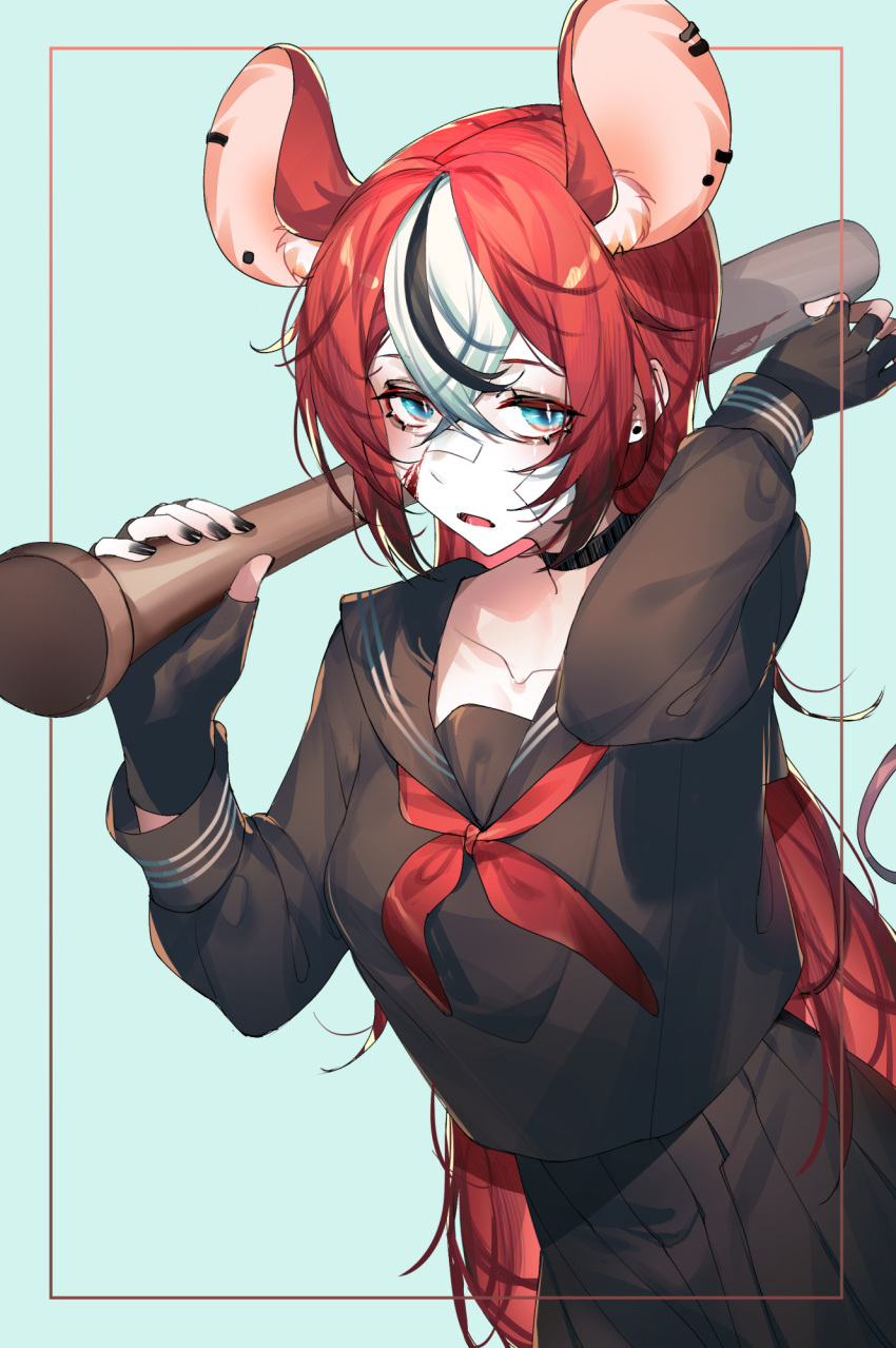 1girl animal_ears bandaid bandaid_on_cheek bandaid_on_face bandaid_on_nose baseball_bat black_gloves black_hair black_nails blood blood_on_face blue_eyes collarbone ear_piercing extra_ears fingerless_gloves gloves hair_between_eyes hakos_baelz highres hololive hololive_english long_hair mouse_ears mouse_tail multicolored_hair nail_polish parted_lips piercing tail virtual_youtuber white_hair ysoroth