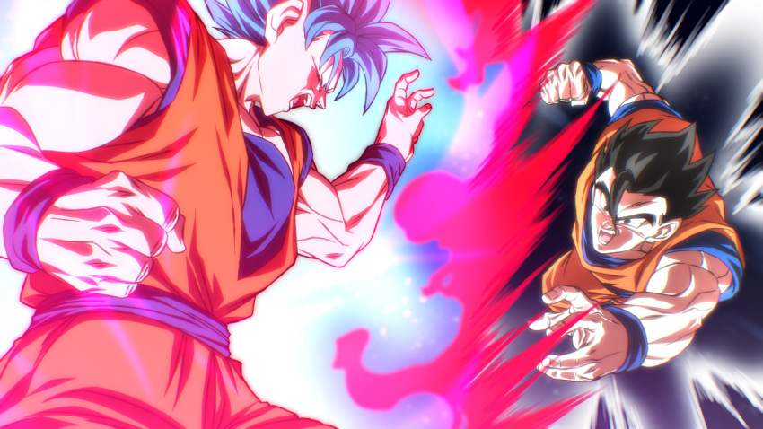 2boys black_hair blue_hair dragon_ball dragon_ball_super energy father_and_son fighting fighting_stance hair_between_eyes looking_at_another male_focus multiple_boys muscular muscular_male open_mouth rom_(20) short_hair son_gohan son_goku super_saiyan super_saiyan_blue teeth