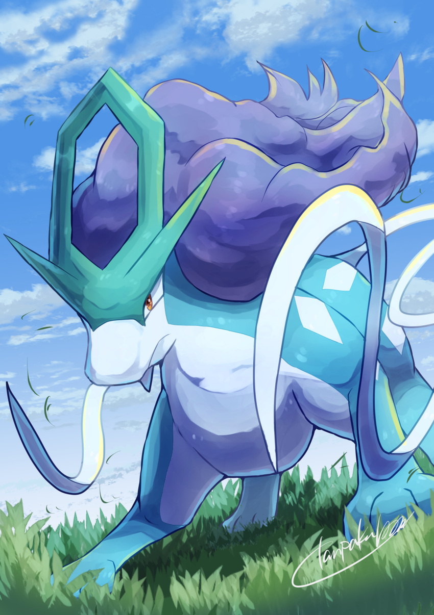 absurdres brown_eyes closed_mouth clouds day falling_leaves frown grass highres leaf no_humans outdoors pokemon pokemon_(creature) signature sky solo standing suicune tanpakuroom